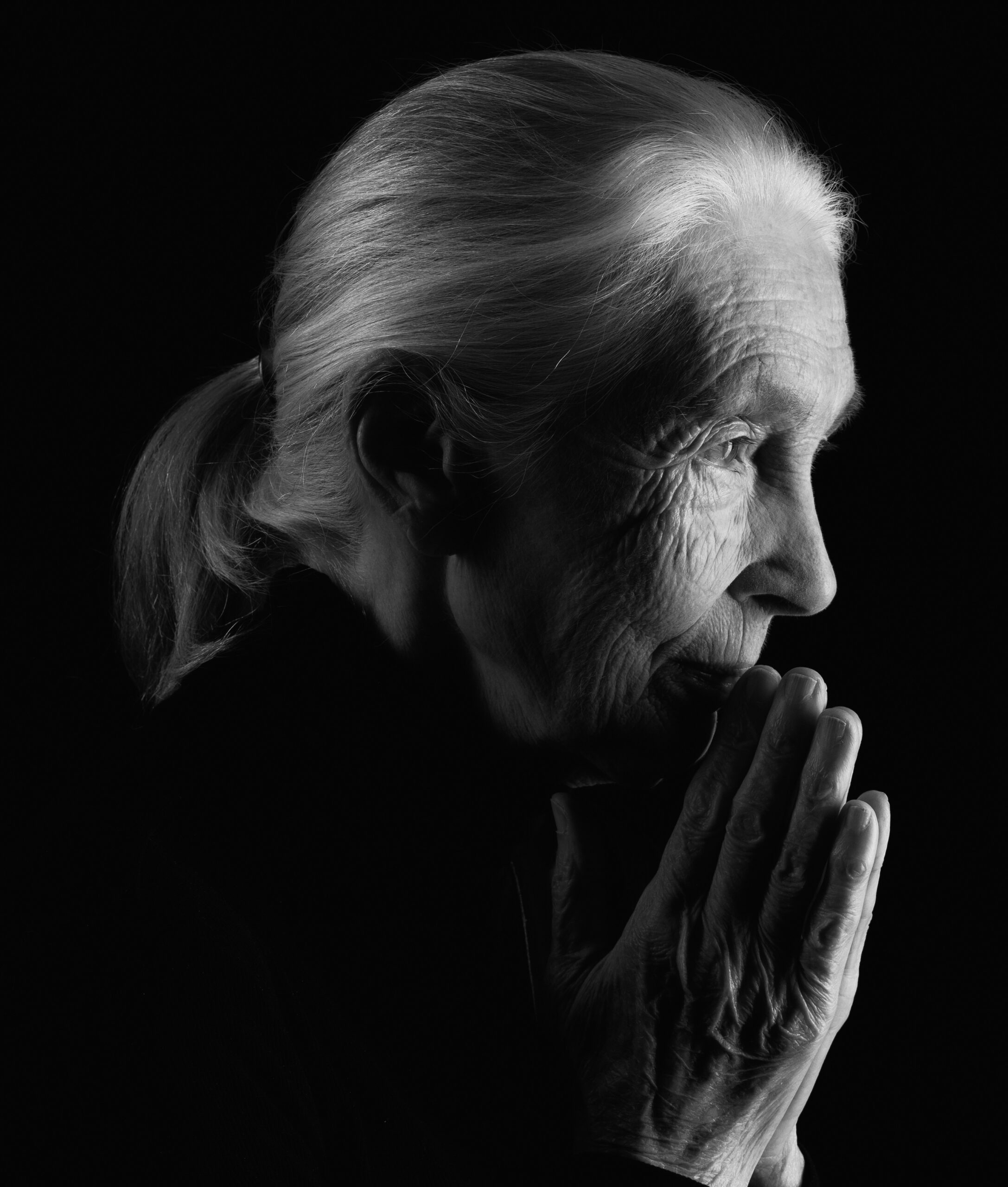 Schwarz-Weiß-Porträt von Jane Goodall